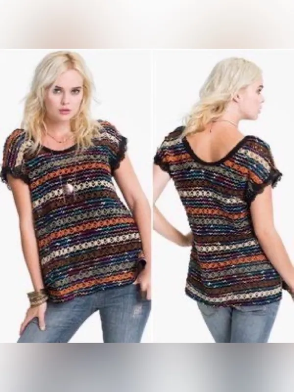 Free People New Romantics‎ crochet Chenille Stripe Knit Top Size Small Lace - Image 2