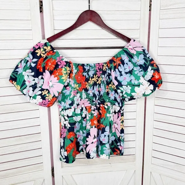 Old Navy Floral Puff Sleeve Peplum Flared Hem V‎ Neck Top Shirt Blue Multi Small - Image 9