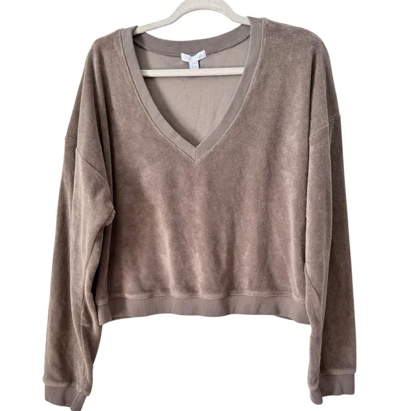 Beyond Yoga Tropez Crop Pullover Size XL Terry Cloth Birch Brown Slouchy V Neck - Image 3