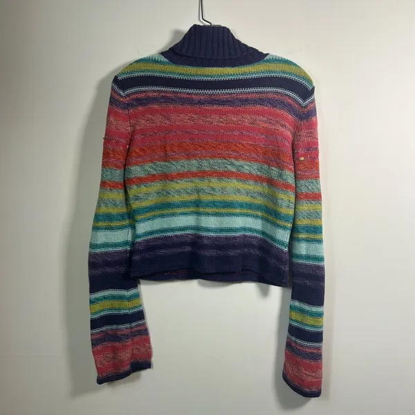 Rocket Candy Vintage Rainbow Striped Beaded Turtleneck Cropped Sweater Large - Image 2