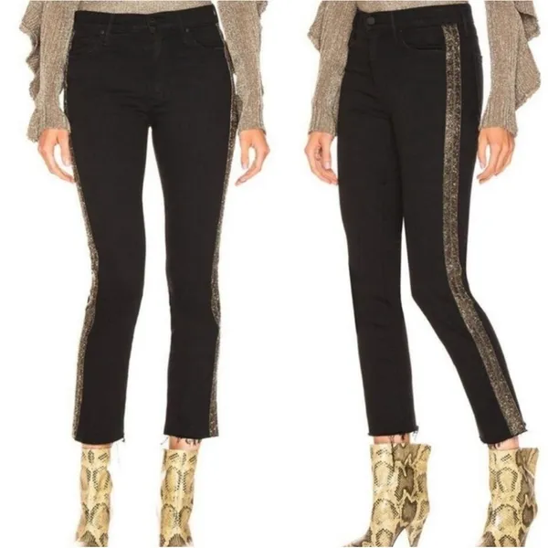 MOTHER Denim High Waisted Looker Ankle Fray Guilty Flash Black Embellished 28 - Image 15