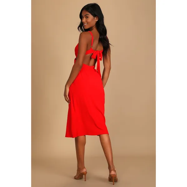 NWT Lulus Bold New Look Bright Red Tie-Back Midi Dress With Pockets Party Sz XS - Image 3