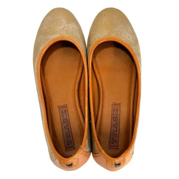 Trask Piper Gold Metallic Brush Off Natural Vachetta Leather Flats - Image 9