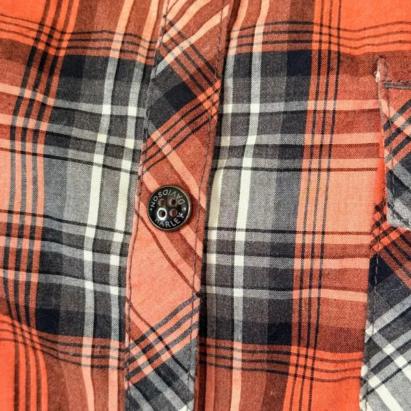 Harley Davidson Plaid Short Slv Snap Button Shirt S Orange Black Biker Western - Image 7