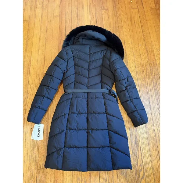 DKNY Womens XS Blk Belted Faux FurHooded Quilted Puffer Coat - Image 9