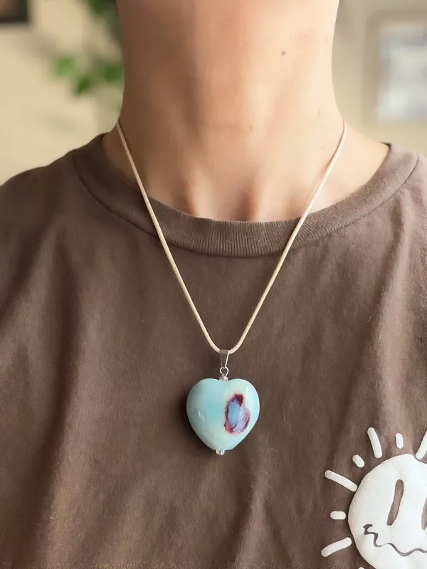 Handmade chunky large heart ceramic bead cute fairy boho whimsy necklace🩵 - Image 3