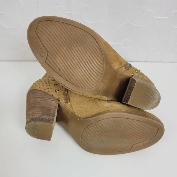 Guess Womens Boots Size 7.5 Tan Side Zip Almond Toe Studded Chucky Ankle Heel - Image 9