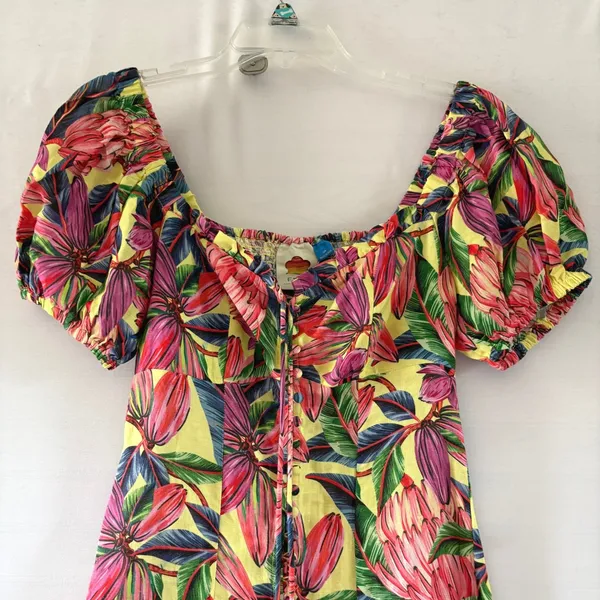 Farm Rio for Anthropologie Tropical Floral Smocked Linen Midi Dress XS - Image 4