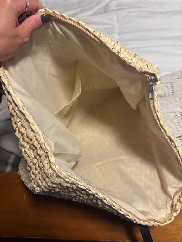 Woven Straw Tote Bag with Brown Faux Leather Handles - Image 4