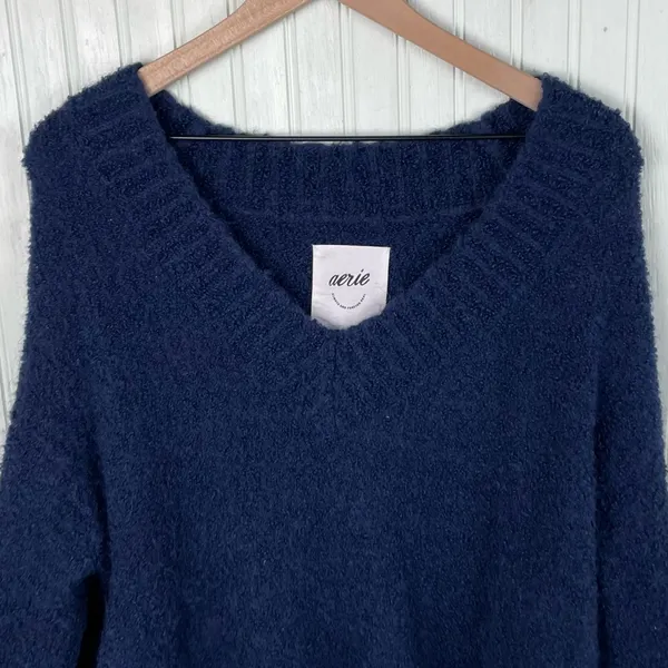 Aerie Teddy Boucle Sweater Women's Size Medium Navy Blue Wool Blend Cozy Soft - Image 5