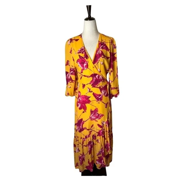 Color Me Courtney Dress Womens Small Yellow‎ Red Floral Print Eleanor Wrap Midi - Image 3