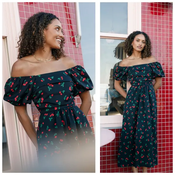 Petal & Pup Chlo Cherry Print Puff Sleeve Midi Dress Size Large Smocked Retro - Image 2