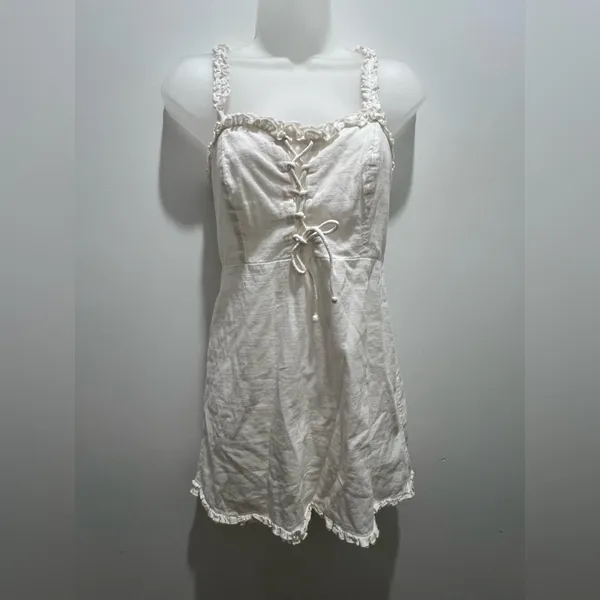 Urban Outfitters Cream Smocked Back Ruffle Hem Mini Dress S - Image 5