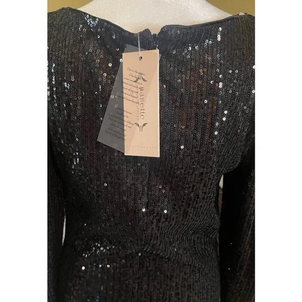 Nanette‎ Lepore Sequin Dress Womens 8 Black NEW Long Sleeve Ruched Midi Sheath - Image 7