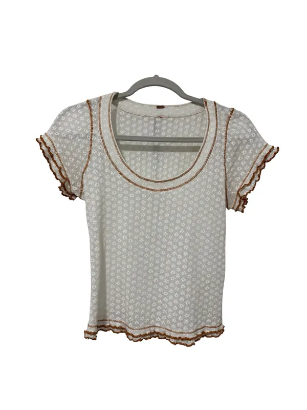 Free People Cream Garner Short Sleeve Top with Brown Stitching Accent - Image 2