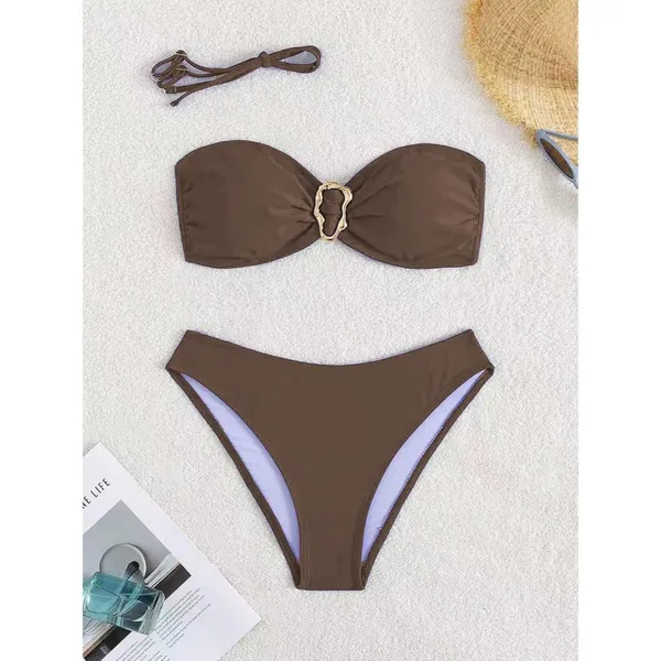 Tainehs Brown Strapless Bikini Tube Top Bandeau Mid Rise Swimsuit SMALL - Image 5