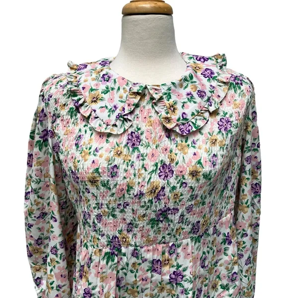 Pieces Maternity Smock‎ Top L Multicolor Floral Smocked Ruffle Collar Romantic - Image 3