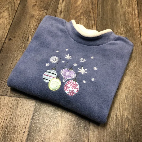 Cozy Blue Christmas Ornament Fleece Sweatshirt Mock Neck Holiday Top Medium - Image 2