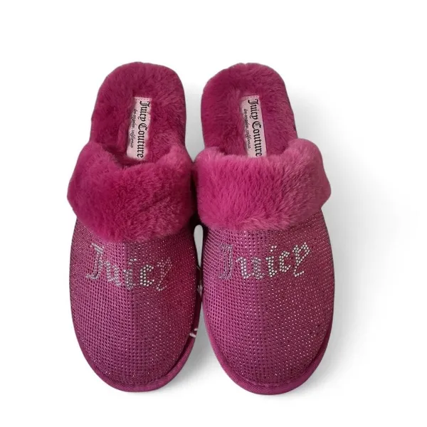 Y2K Juicy Couture Pink Rhinestone Embellished Faux Fur‎ Scuff Slippers coquette - Image 5