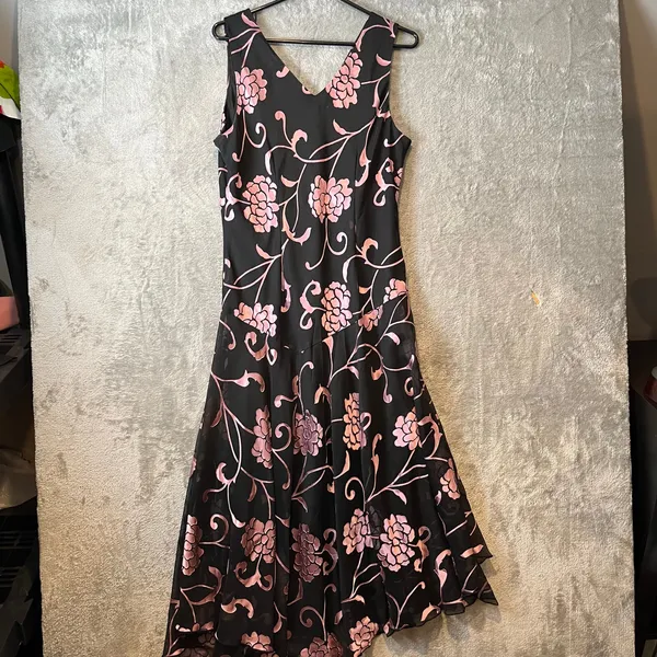 Vintage Y2K Black‎ Pink Floral Ruffle Hem Dress Cottagecore Coquette Sz 14 - Image 4