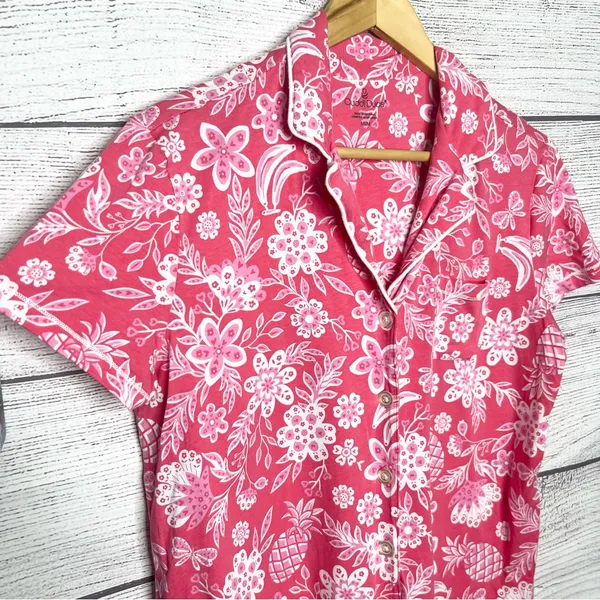 Cuddl Duds Pink Tropical Floral Pajama Top Size Medium Cotton Modal Button Front - Image 4