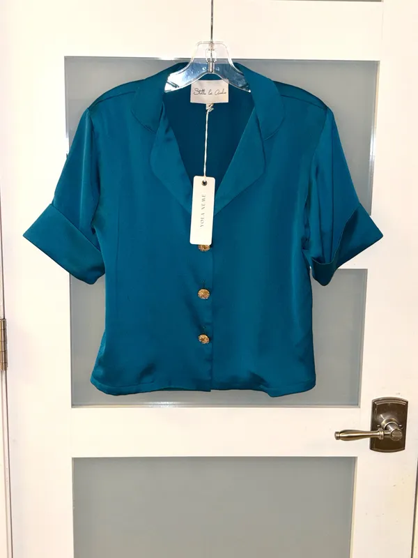 Stella & Amelia teal trouser and blouse set, tiered wide-leg trousers size M - Image 3