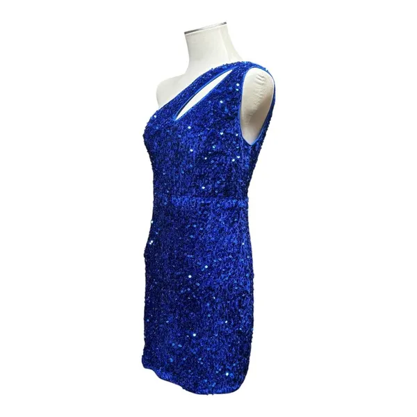 One Shoulder Velvety Sequin Mini Dress Blue Medium - Image 3