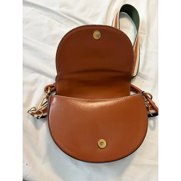 Saddle Bag Crossbody Cognac‎ Brown Striped Webbing Strap Boho Chic Handbag - Image 11