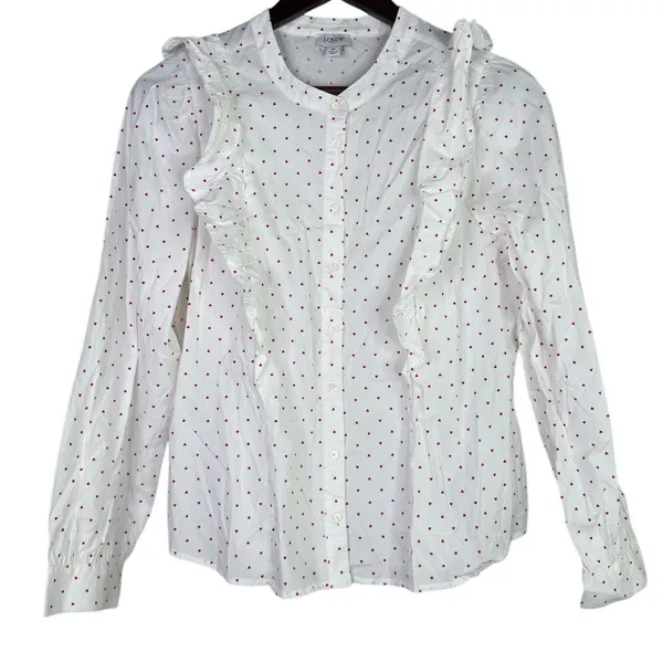 J.Crew Cotton Poplin Ruffle Heart Print Button Down LongSleeve Shirt M White Red - Image 13