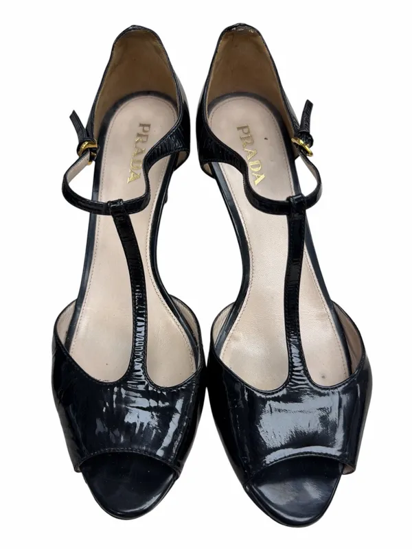 Prada Black Patent Leather T-Strap Peep Toe Heels - Image 2