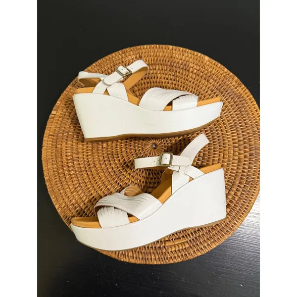 Kork-Ease White Leather Platform Wedge Sandals Strappy Ankle Strap K51501 8M - Image 5