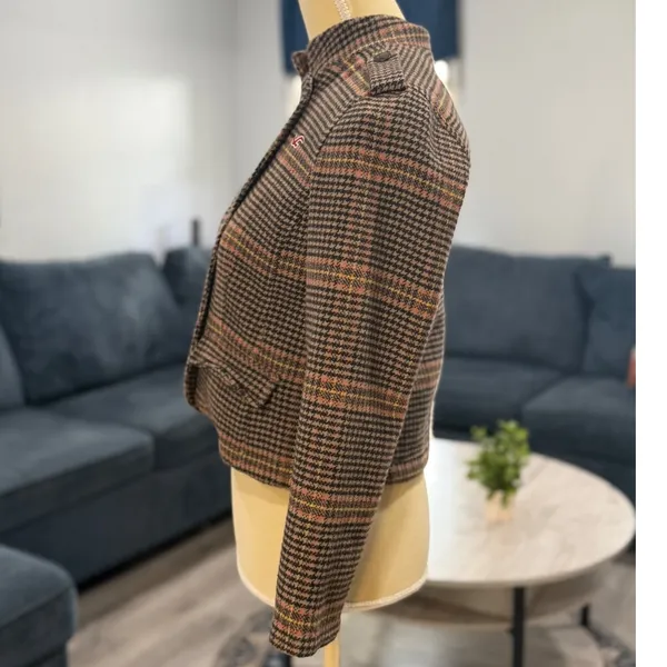 Hollister Brown Houndstooth Plaid Wool Blend Military Blazer Y2K Preppy academia - Image 3