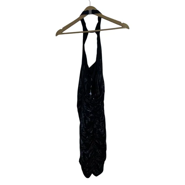 Oh Polly Ruched Metallic Halter Cowl Neck Mini Dress Black Glam Night Out Size 4 - Image 4