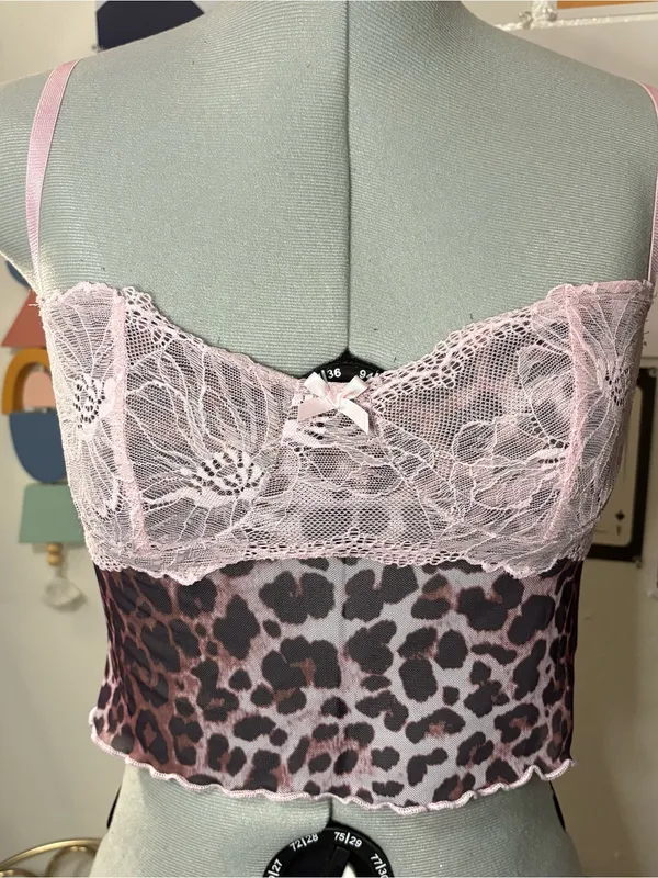 Y2K Pink Lace Leopard Mesh Bustier Cami Top Size M - Image 4