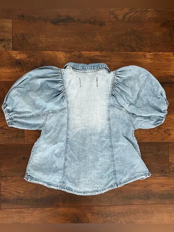 We The Free Light Wash Denim Puff Sleeve Button Down - Image 3