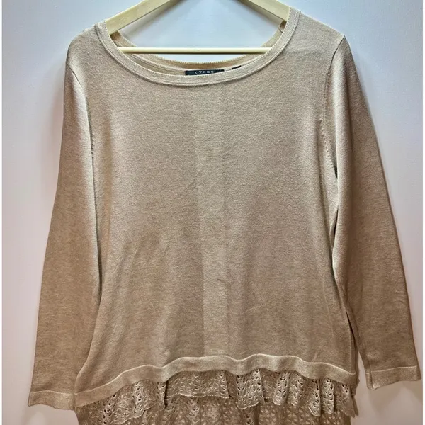 Cyrus Beige Knit Sweater Crochet Lace Tiered Hem Long Sleeve Pullover L tunic - Image 2