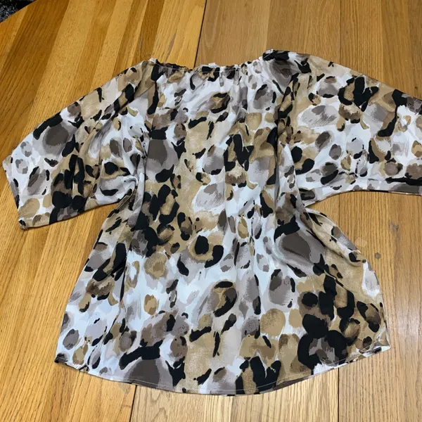Ann Taylor LOFT Abstract Animal Print Tie Neck Blouse Tan Brown Black Womens M‎ - Image 5