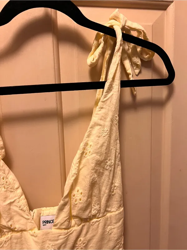 Princess Polly Yellow Eyelet Tie-Strap Mini Dress US 4 cotton ruffles - Image 3
