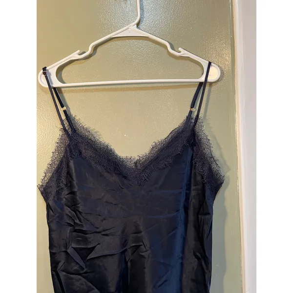 Primark Women's Size 10-12 Camisole Tank Top V-Neck Eyelash Lace Navy Blue Silk - Image 3