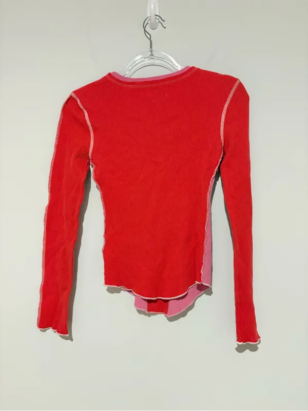 Urban Outfitters Emme Thermal‎ Seamed Blouse Top Knit Long Sleeve pink red Small - Image 3