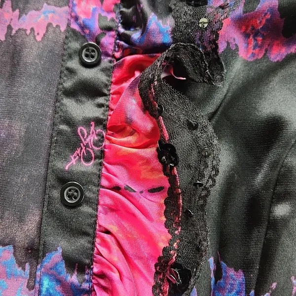 Baby Phat -257 Y2K satin like lace and sequin blouse hot pink and‎ black Large - Image 7