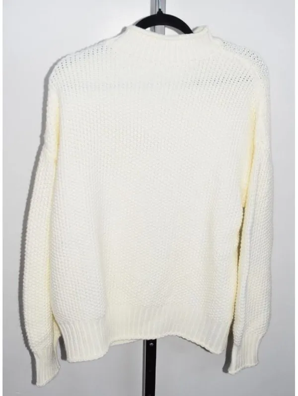 Ivory Chunky Knit Sweater Women's Cream Textured Crewneck Long Sleeve Pullover - Image 3