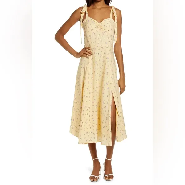 Bardot Floral Ditsy Tie Shoulder Midi Dress Yellow Size 8 - Image 3