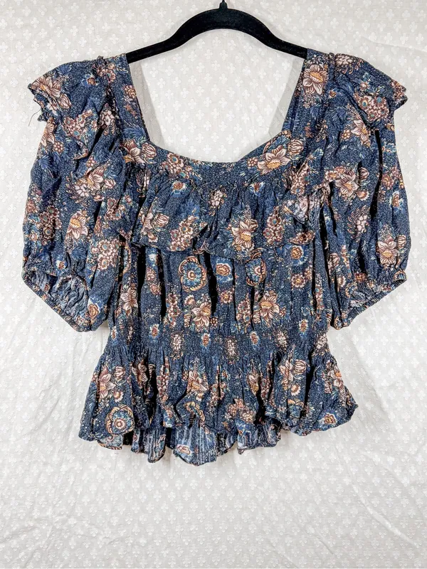 Ulla Johnson‎ Blue Brown Floral Tiered Puff Sleeve Top - Image 2