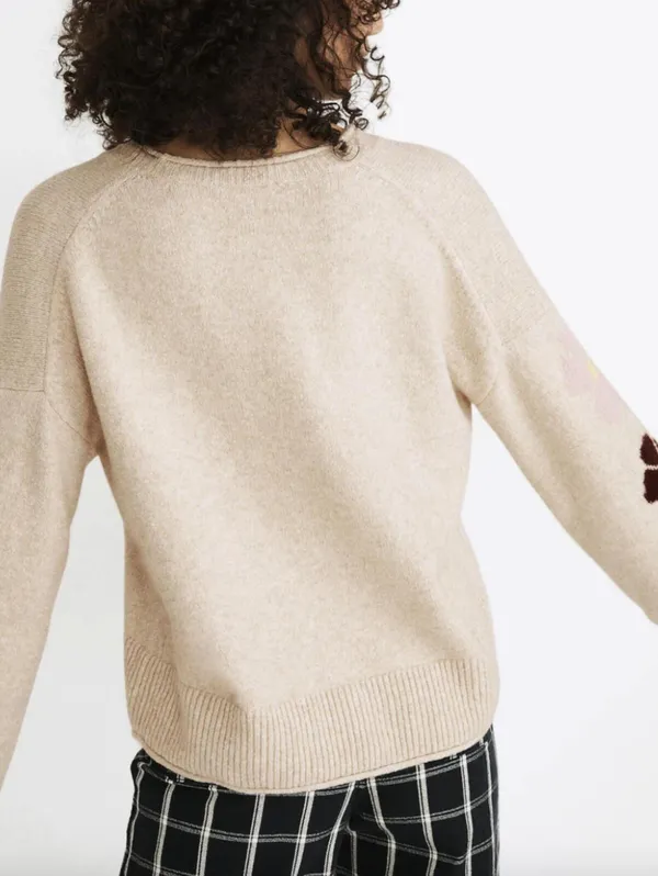 Madewell Beige Belmore Boxy Fit Floral-Sleeve Pullover Sweater - Size - Medium - Image 3