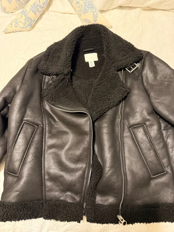 H&M Leather Fur Jacket Coat Winter Black Fur - Image 3