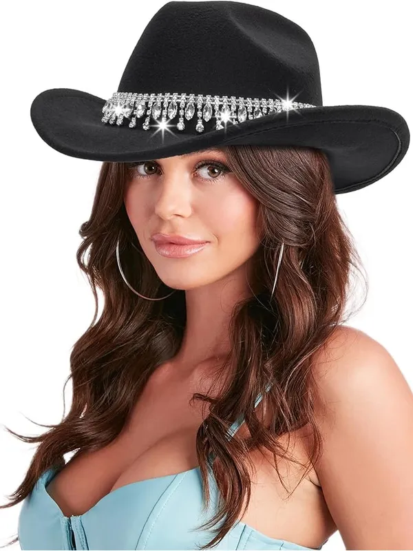 NEW Glitter Silver Black Cowboy Hats Women Western Rhinestone Cowgirl Hat - Image 6