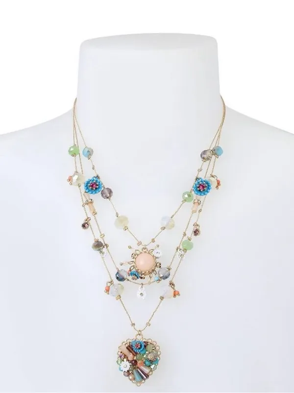 Betsey Johnson Heart Layer Beaded Pendant Necklace - Pastel Blue Green Coral New - Image 2