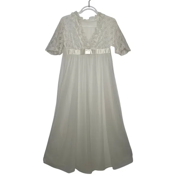 American Vintage 1970s Ivory Lace Chiffon Bridal Robe Gown Unbranded Small P - Image 2