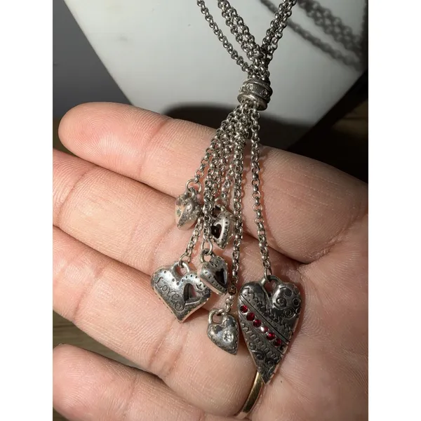 Brighton Necklace Raining Hearts Red & Clear Crystals Pendant Silver Tone Signed - Image 2
